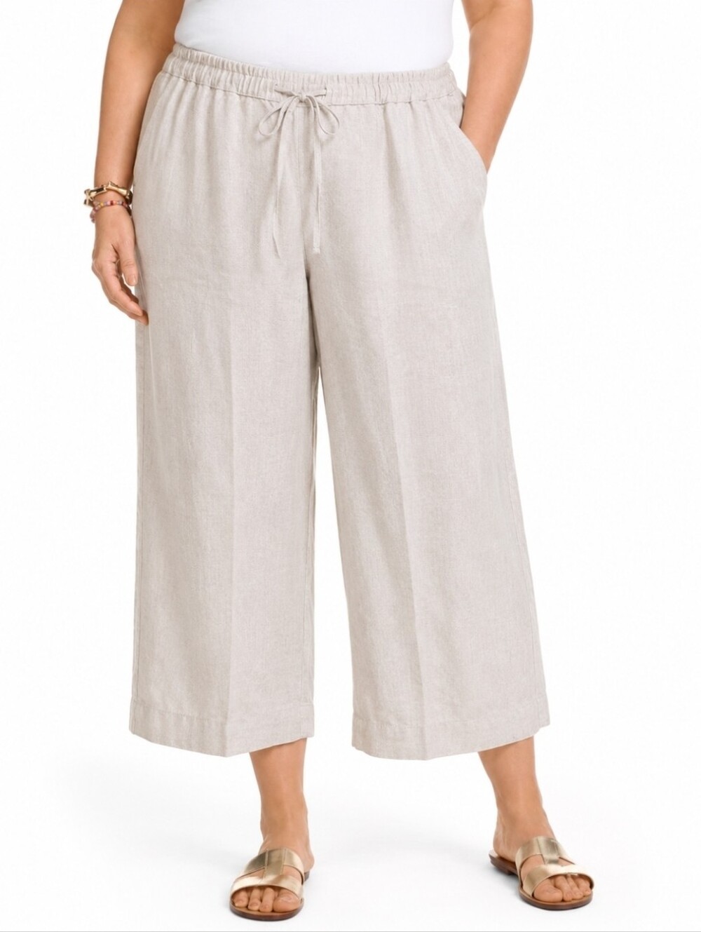 Talbots Linen Beige Wide Crop Pull-On Pants